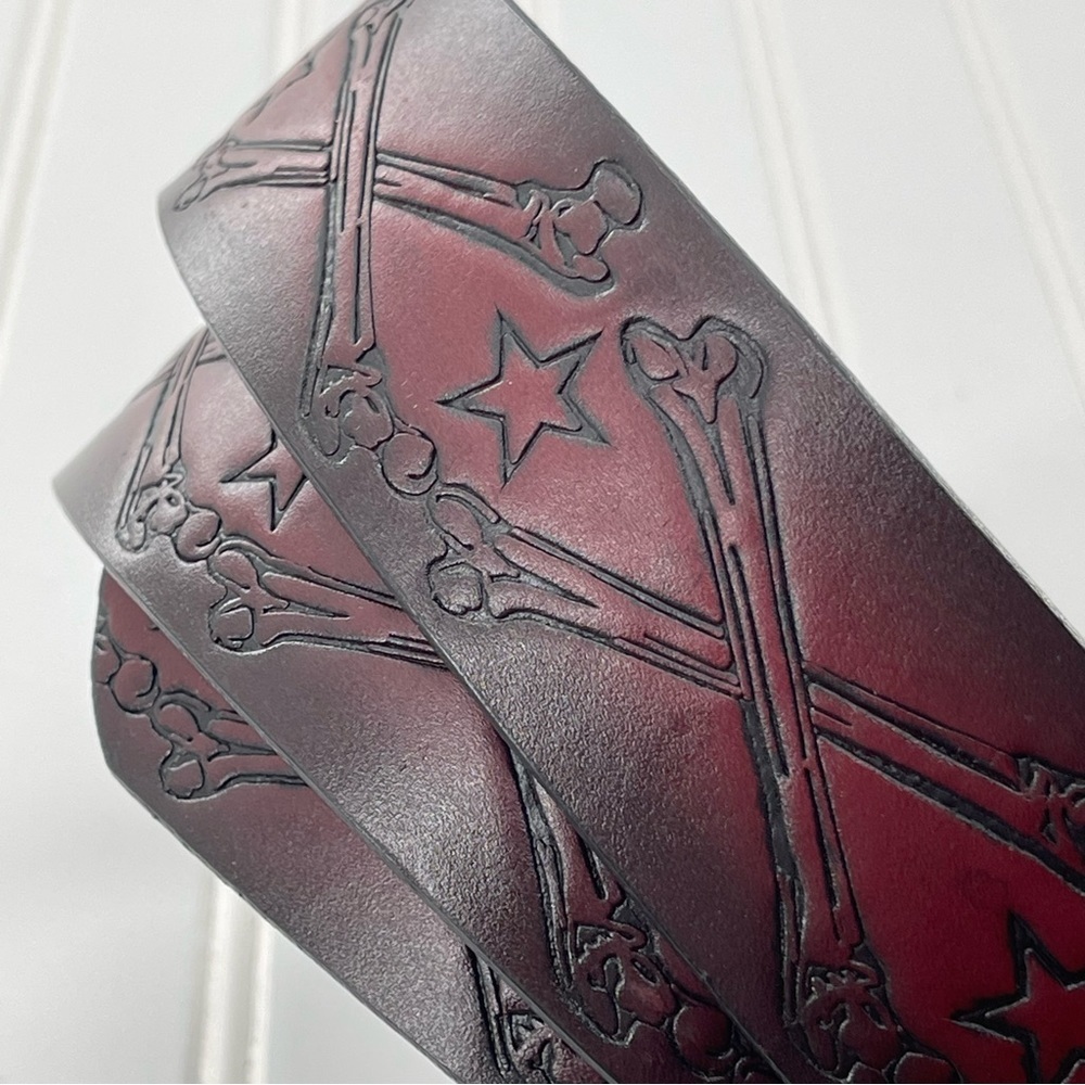 Embossed Cross Bones and Stars Brown Genuine Leather Belt Size XL